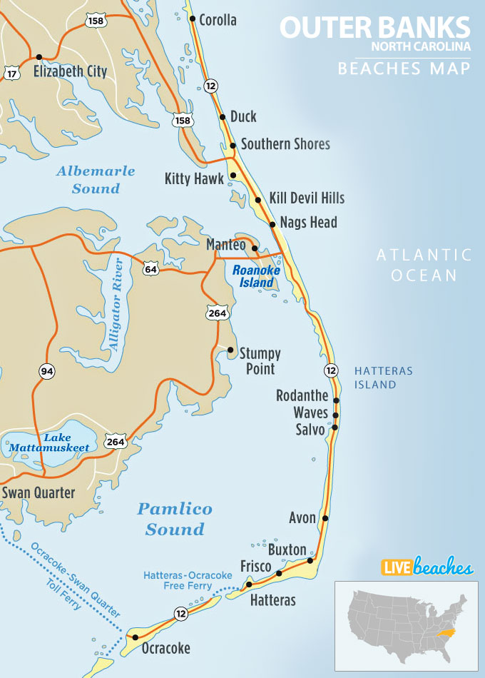Map of Outer Banks, North Carolina - Live Beaches