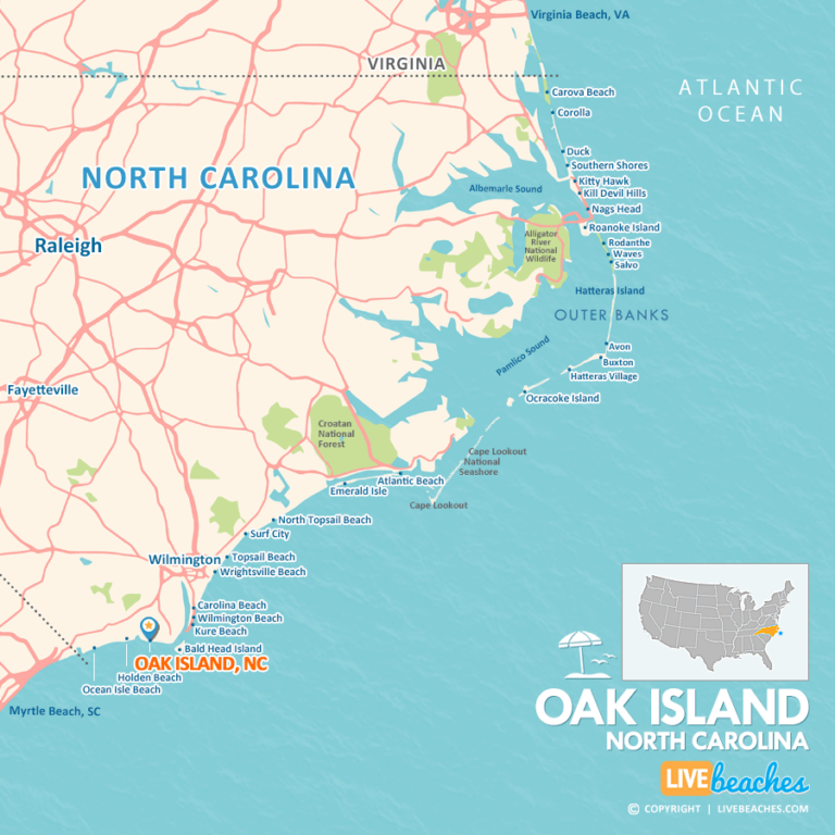 Map of Oak Island, North Carolina - Live Beaches