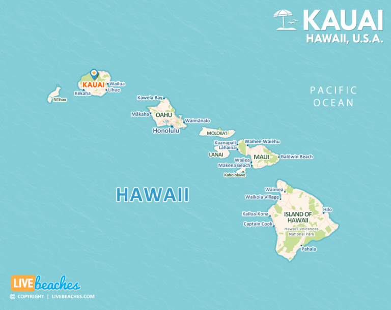 Map of Kauai, Hawaii - Live Beaches